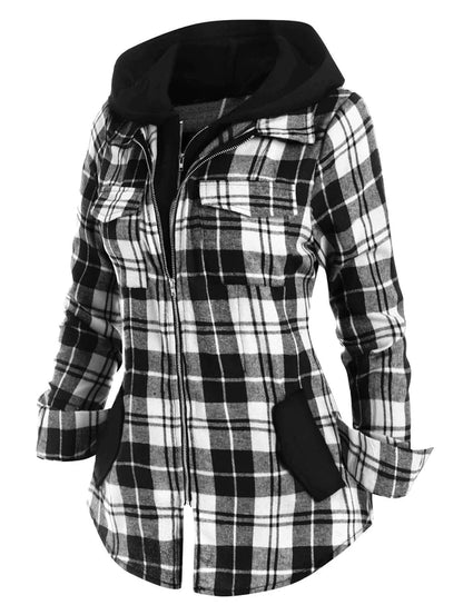 Double Zipper Plaid Pocket Hooded Shirt Jacket