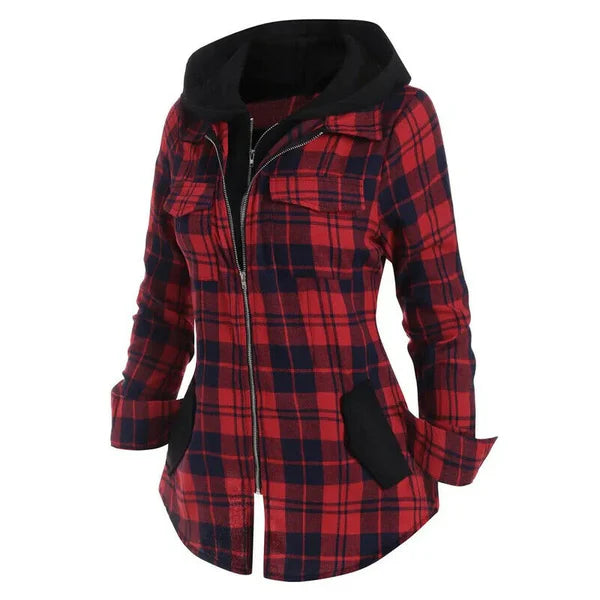 Double Zipper Plaid Pocket Hooded Shirt Jacket