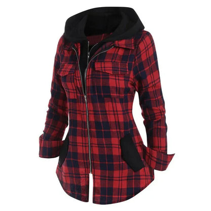 Double Zipper Plaid Pocket Hooded Shirt Jacket