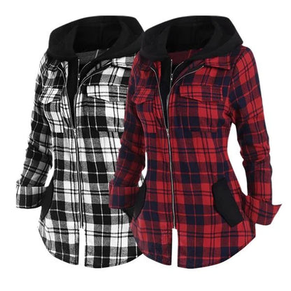 Double Zipper Plaid Pocket Hooded Shirt Jacket